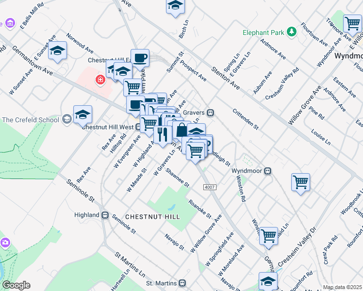 map of restaurants, bars, coffee shops, grocery stores, and more near 24 East Gravers Lane in Philadelphia