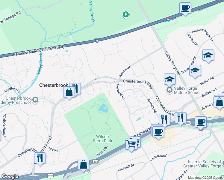 map of restaurants, bars, coffee shops, grocery stores, and more near 14 Elan Lane in Chesterbrook