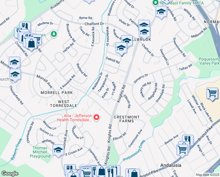 map of restaurants, bars, coffee shops, grocery stores, and more near 10935 Kirby Drive in Philadelphia