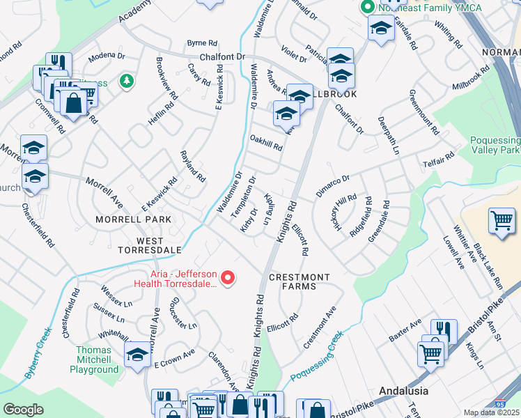 map of restaurants, bars, coffee shops, grocery stores, and more near 10935 Kirby Drive in Philadelphia