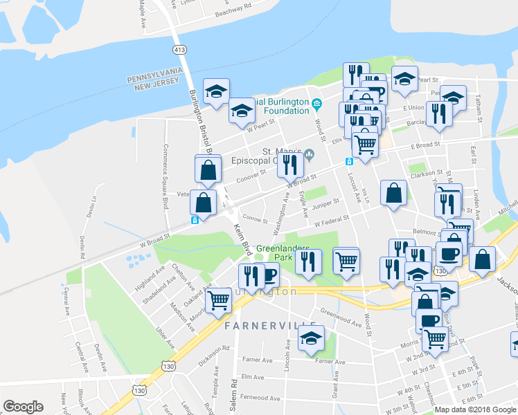 map of restaurants, bars, coffee shops, grocery stores, and more near 300 West Broad Street in Burlington