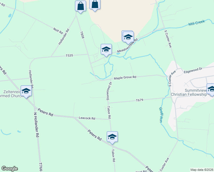 map of restaurants, bars, coffee shops, grocery stores, and more near 734 Maple Grove Road in New Holland
