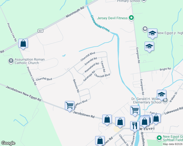 map of restaurants, bars, coffee shops, grocery stores, and more near 100 Evergreen Road in New Egypt