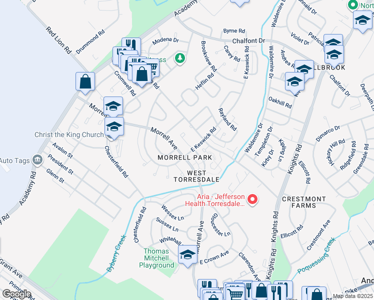 map of restaurants, bars, coffee shops, grocery stores, and more near 10208 East Keswick Road in Philadelphia
