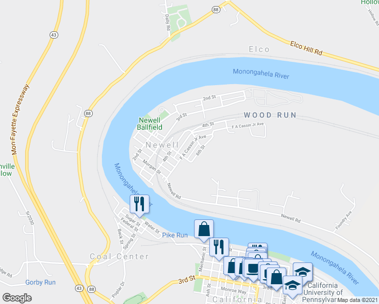 map of restaurants, bars, coffee shops, grocery stores, and more near 411 F A Cassin Junior Avenue in Newell