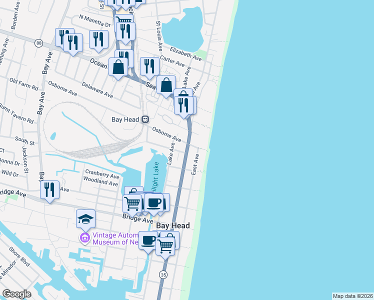 map of restaurants, bars, coffee shops, grocery stores, and more near 2 Twilight Road in Bay Head