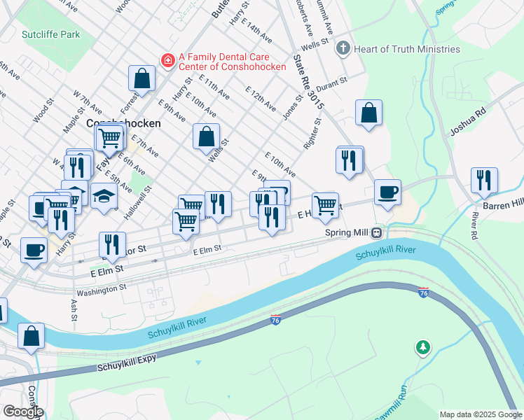 map of restaurants, bars, coffee shops, grocery stores, and more near 809A Spring Mill Avenue in Conshohocken