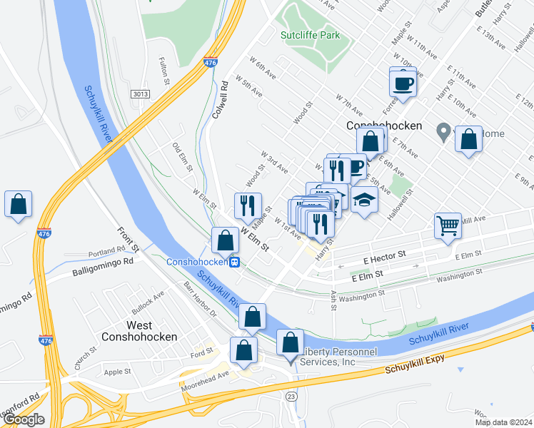 map of restaurants, bars, coffee shops, grocery stores, and more near 7 West 1st Avenue in Conshohocken