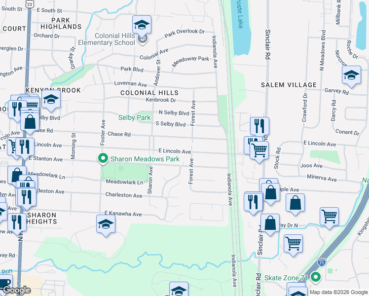 map of restaurants, bars, coffee shops, grocery stores, and more near 485 Chase Road in Columbus