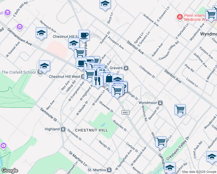 map of restaurants, bars, coffee shops, grocery stores, and more near 24 East Gravers Lane in Philadelphia
