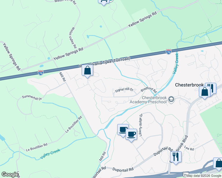 map of restaurants, bars, coffee shops, grocery stores, and more near 33 Militia Hill Drive in Chesterbrook