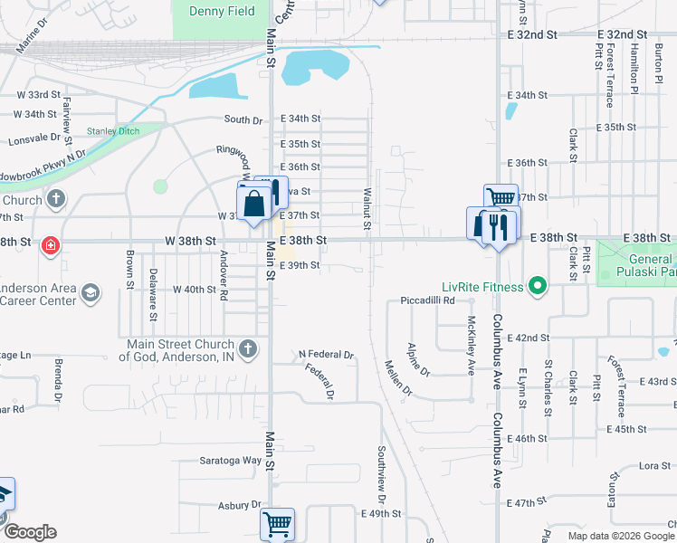map of restaurants, bars, coffee shops, grocery stores, and more near 402 East 39th Street in Anderson