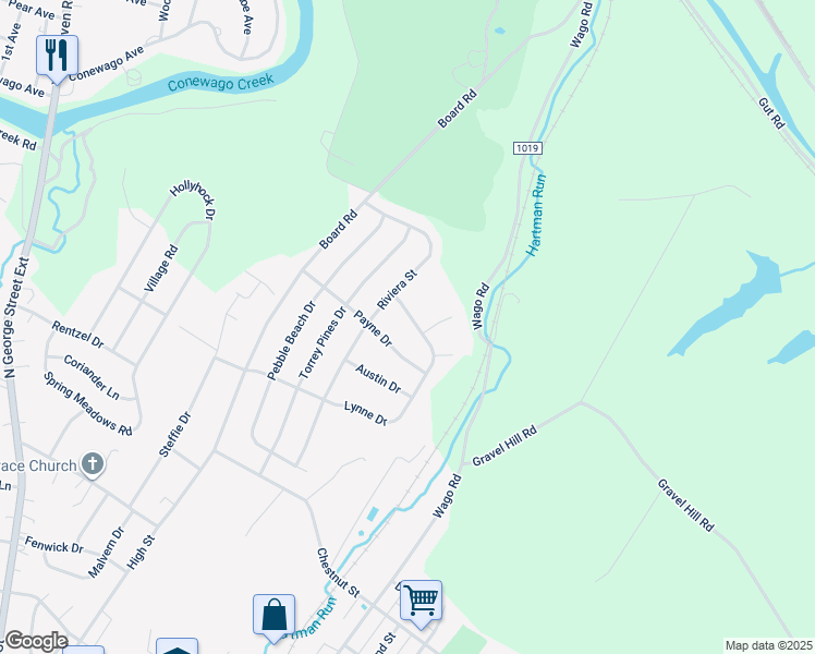 map of restaurants, bars, coffee shops, grocery stores, and more near 185 Lynne Drive in Mount Wolf
