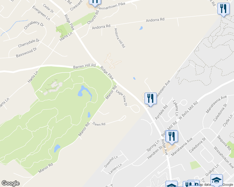 map of restaurants, bars, coffee shops, grocery stores, and more near 9316 Eagle View Drive in Lafayette Hill