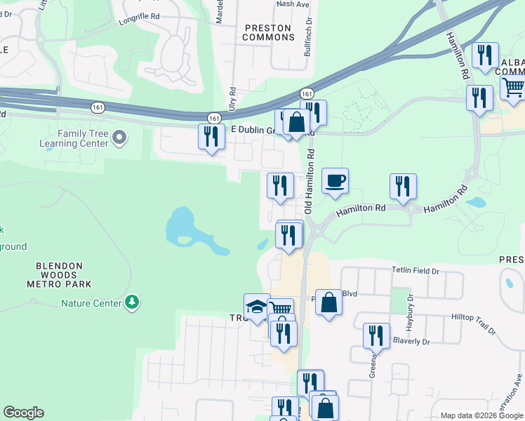 map of restaurants, bars, coffee shops, grocery stores, and more near 4697 Tatersall Court in Columbus