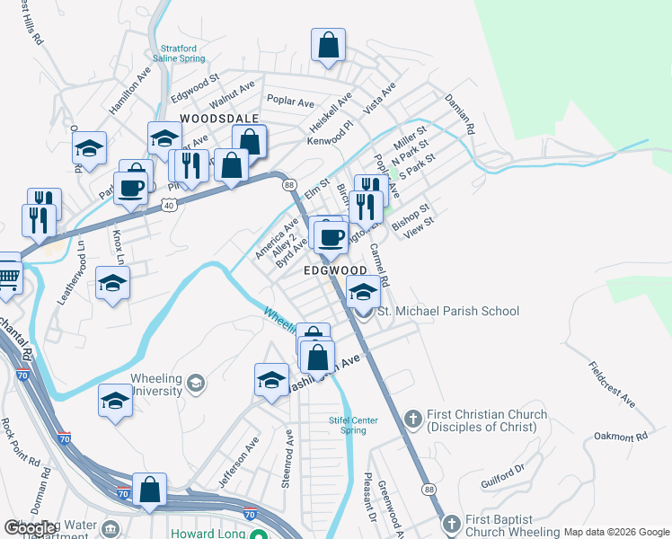 map of restaurants, bars, coffee shops, grocery stores, and more near in Wheeling