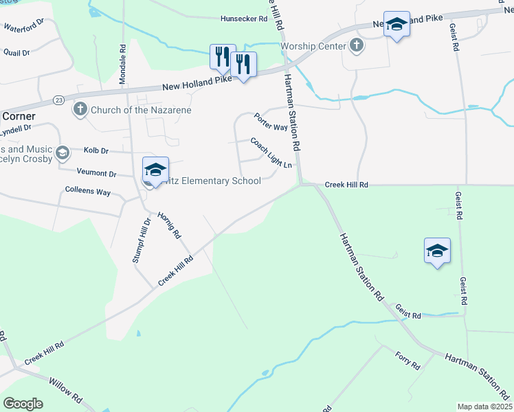 map of restaurants, bars, coffee shops, grocery stores, and more near 2251 Creek Hill Road in Lancaster