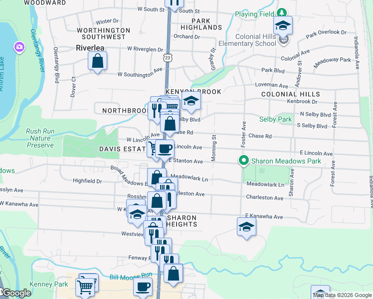 map of restaurants, bars, coffee shops, grocery stores, and more near 61 East Lincoln Avenue in Columbus
