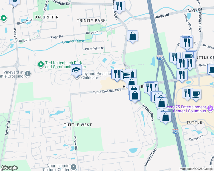 map of restaurants, bars, coffee shops, grocery stores, and more near 5550 Tuttle Crossing Boulevard in Dublin