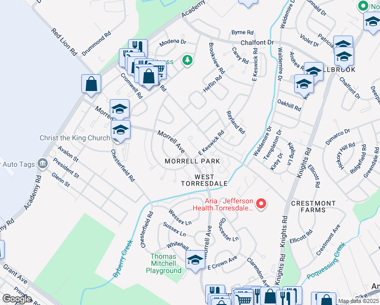 map of restaurants, bars, coffee shops, grocery stores, and more near 3365 Morrell Avenue in Philadelphia