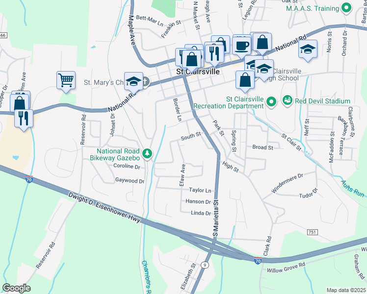 map of restaurants, bars, coffee shops, grocery stores, and more near 110 South Street in Saint Clairsville