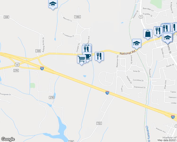 map of restaurants, bars, coffee shops, grocery stores, and more near 107 Plaza Drive in Saint Clairsville