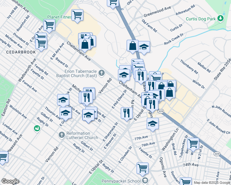 map of restaurants, bars, coffee shops, grocery stores, and more near 7939 Pickering Avenue in Philadelphia