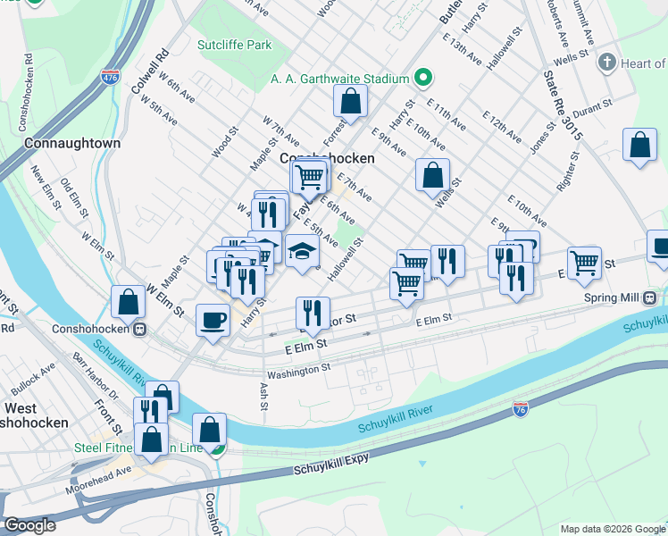 map of restaurants, bars, coffee shops, grocery stores, and more near 134 East 4th Avenue in Conshohocken