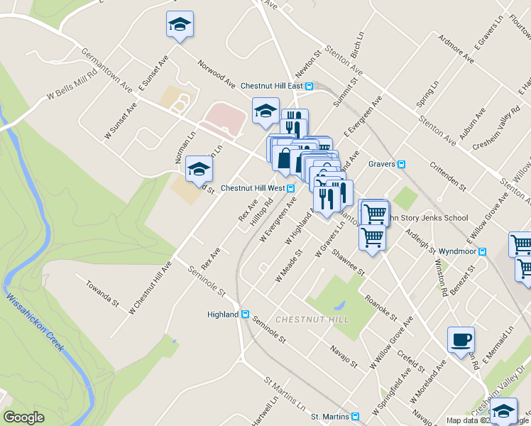 map of restaurants, bars, coffee shops, grocery stores, and more near 108 Hilltop Road in Philadelphia
