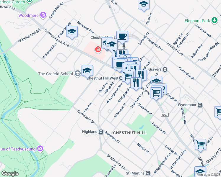 map of restaurants, bars, coffee shops, grocery stores, and more near 108 Hilltop Road in Philadelphia