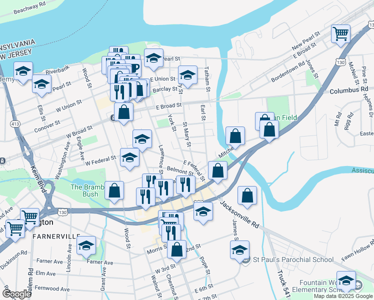 map of restaurants, bars, coffee shops, grocery stores, and more near 203 Green Street in Burlington