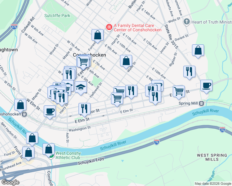 map of restaurants, bars, coffee shops, grocery stores, and more near 253 East 6th Avenue in Conshohocken