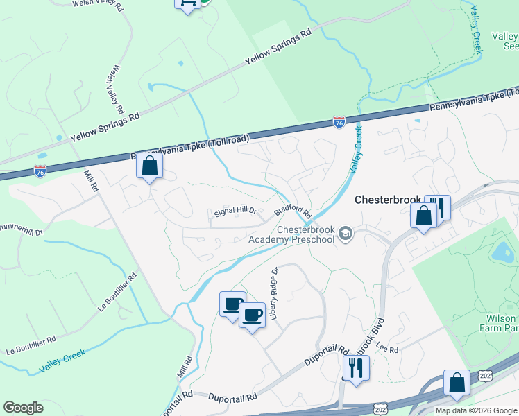 map of restaurants, bars, coffee shops, grocery stores, and more near 116 Reveille Road in Chesterbrook