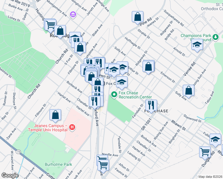 map of restaurants, bars, coffee shops, grocery stores, and more near 7957 Conard Street in Philadelphia