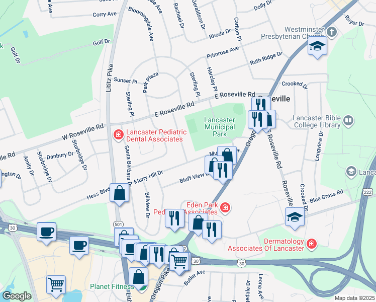 map of restaurants, bars, coffee shops, grocery stores, and more near 1805 Anne Avenue in Lancaster