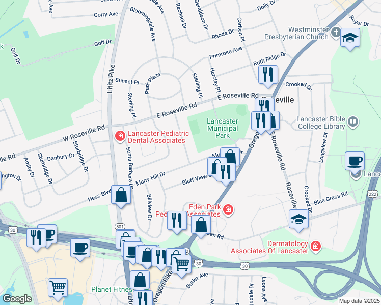 map of restaurants, bars, coffee shops, grocery stores, and more near 1805 Anne Avenue in Lancaster