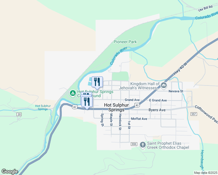 map of restaurants, bars, coffee shops, grocery stores, and more near 800 Hemlock Street in Hot Sulphur Springs