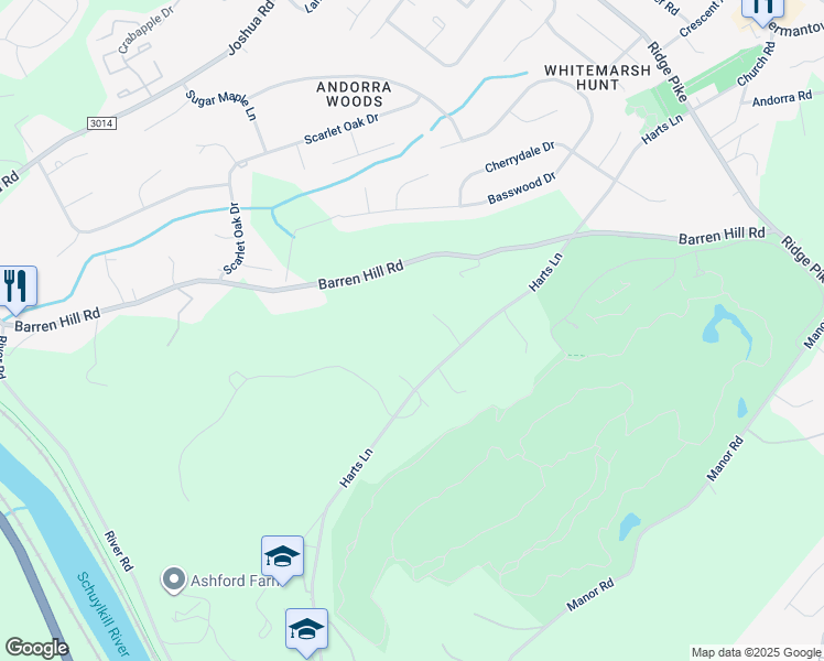map of restaurants, bars, coffee shops, grocery stores, and more near 2121 Harts Lane in Conshohocken