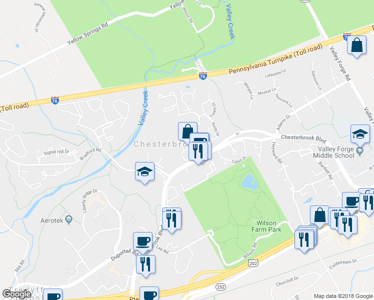 map of restaurants, bars, coffee shops, grocery stores, and more near 1104 Mountainview Drive in Wayne