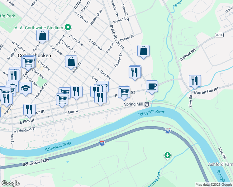 map of restaurants, bars, coffee shops, grocery stores, and more near 900 Spring Mill Avenue in Conshohocken