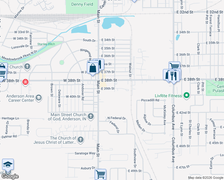 map of restaurants, bars, coffee shops, grocery stores, and more near 3811 Fletcher Street in Anderson