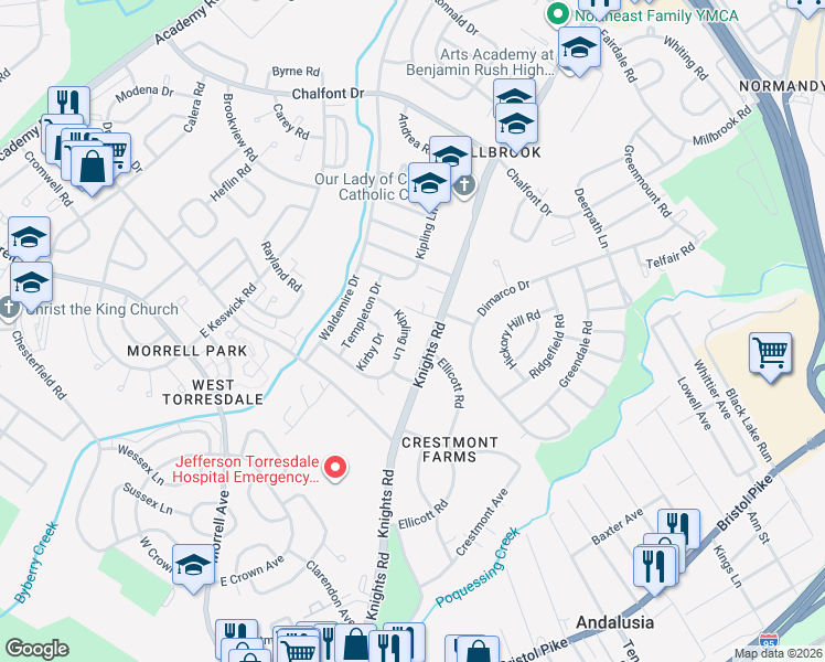 map of restaurants, bars, coffee shops, grocery stores, and more near 10949 Kipling Lane in Philadelphia