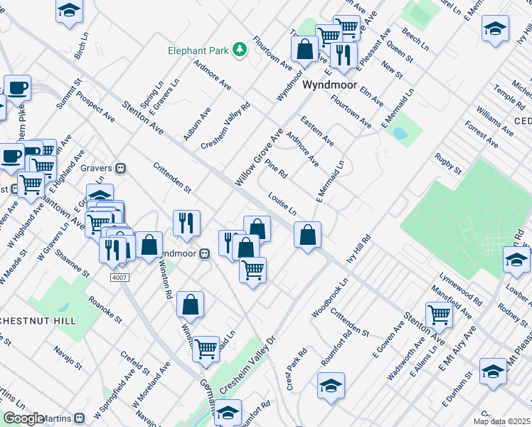 map of restaurants, bars, coffee shops, grocery stores, and more near 7800 Stenton Avenue in Philadelphia