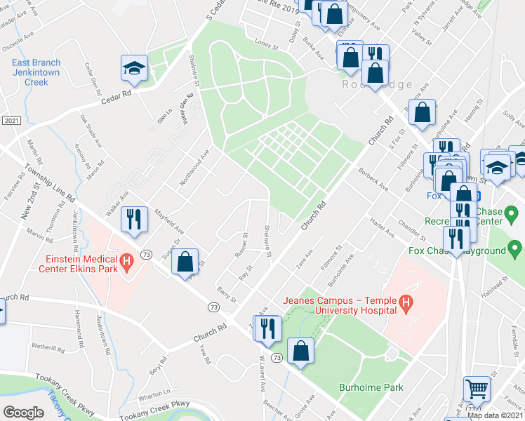 map of restaurants, bars, coffee shops, grocery stores, and more near 269 Shelmire Street in Jenkintown