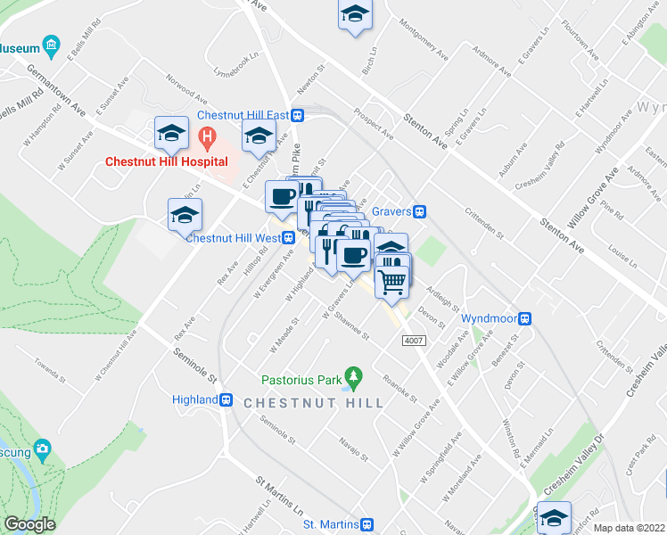 map of restaurants, bars, coffee shops, grocery stores, and more near 8429 Germantown Avenue in Philadelphia