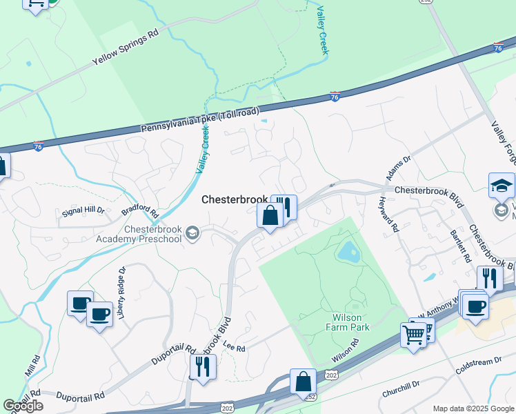 map of restaurants, bars, coffee shops, grocery stores, and more near 1010 Mountainview Drive in Chesterbrook