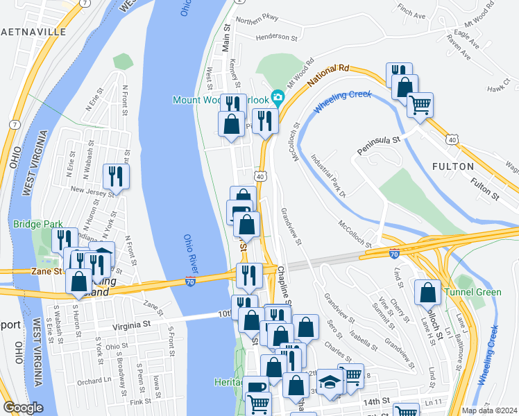 map of restaurants, bars, coffee shops, grocery stores, and more near 701 Market Street in Wheeling