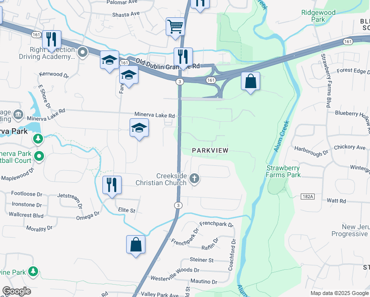 map of restaurants, bars, coffee shops, grocery stores, and more near 3401 Partridge Place in Columbus