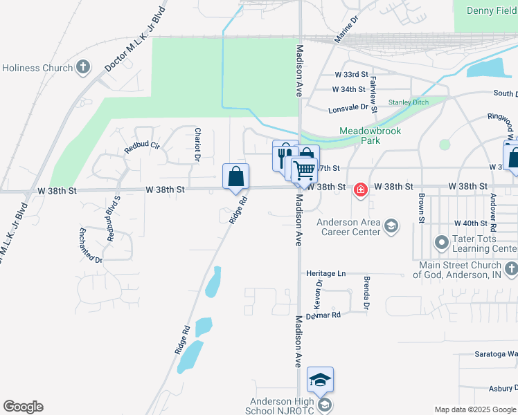 map of restaurants, bars, coffee shops, grocery stores, and more near 3814 Ridge Road in Anderson