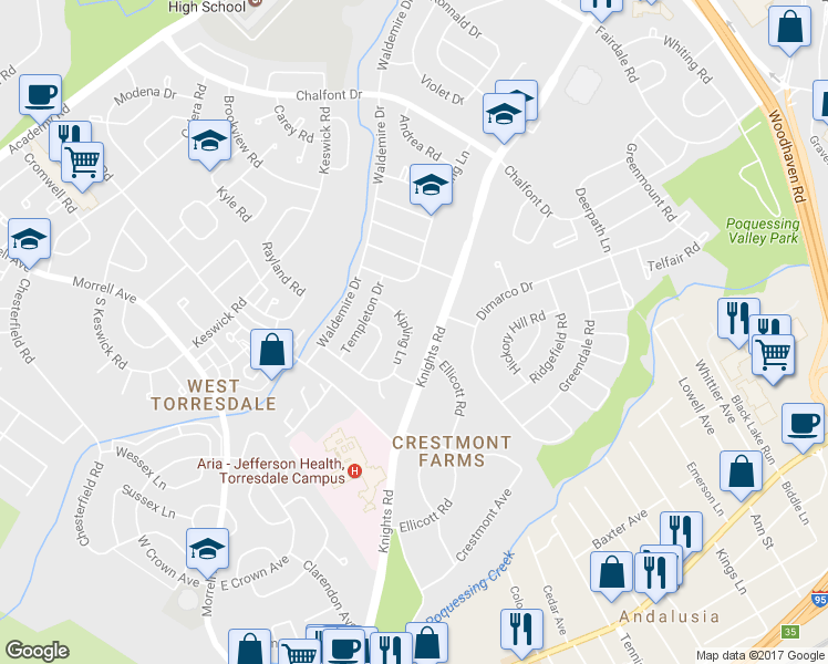 map of restaurants, bars, coffee shops, grocery stores, and more near 10947 Kipling Lane in Philadelphia